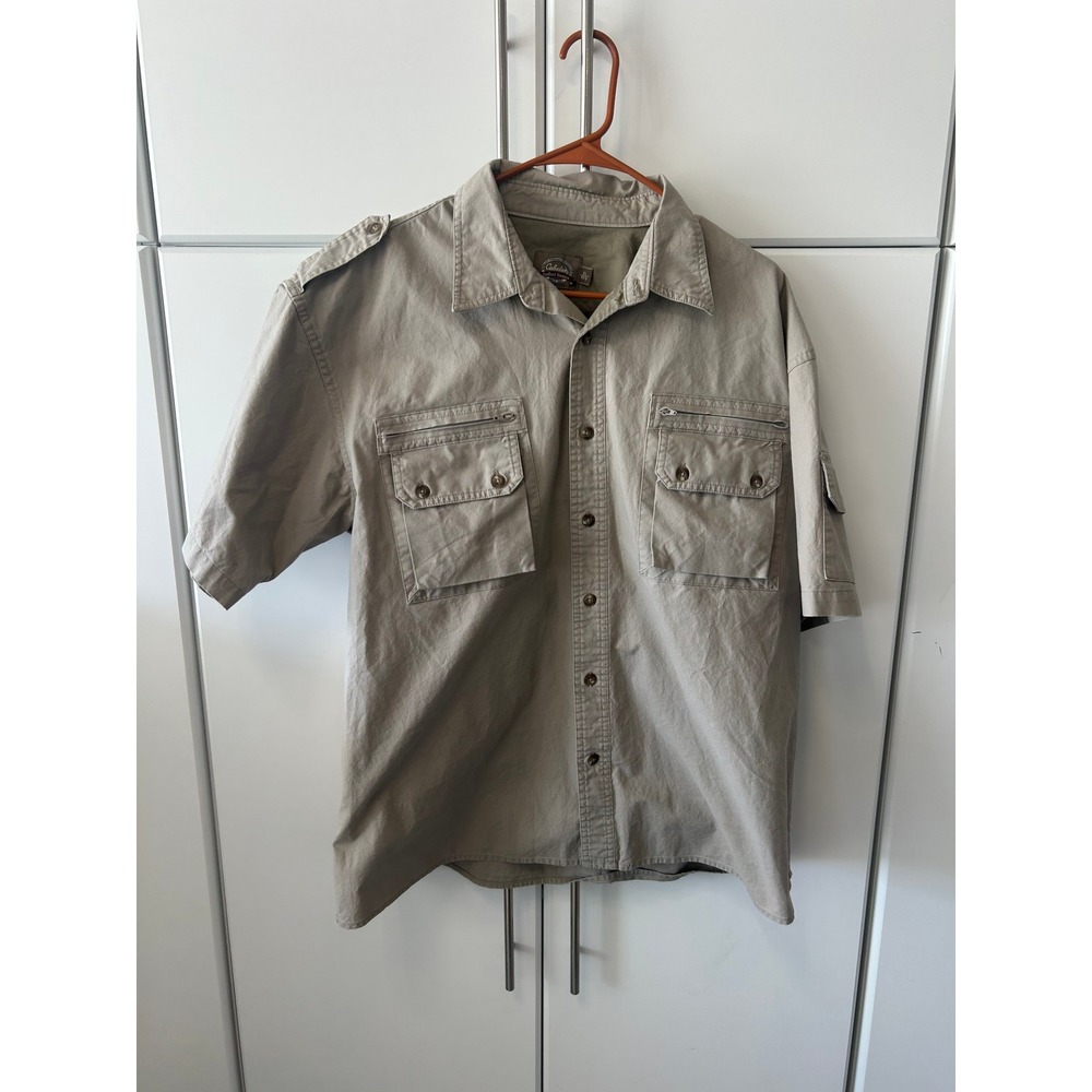 Cabelas Safari Series Mens XL Khaki Short Sleeve Button Down Utility Shirt Tan